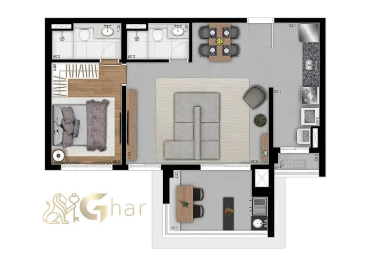 Planta apartamento decorado 69m² 1 suíte Astral Saúde Saúde São Paulo