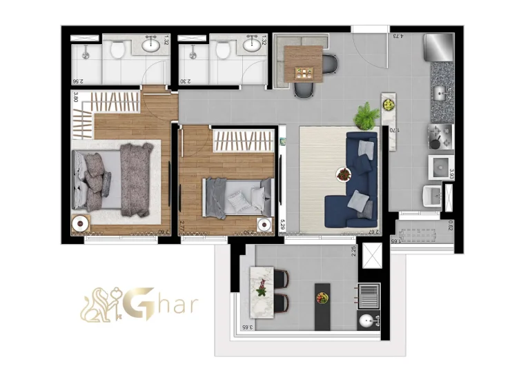 Planta apartamento decorado 69m² 2 dormitórios 1 suíte Astral Saúde Saúde São Paulo