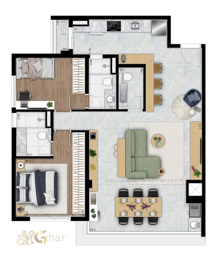 Planta apartamento decorado 94m² 2 suítes Astral Saúde Saúde São Paulo