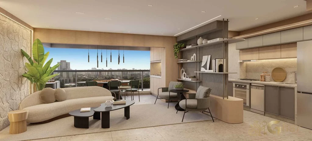 Living decorado 76m² com 2 dormitórios no Blue Marine Home Resort Saúde