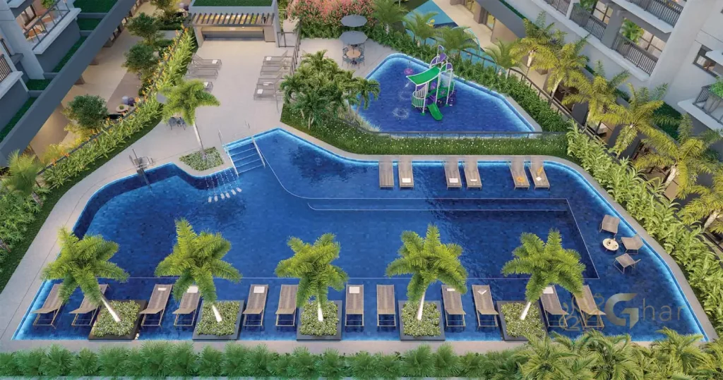 Vista aérea da piscina no Blue Marine Home Resort Saúde em São Paulo