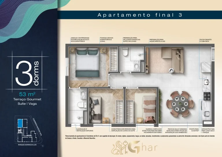 Planta apartamento 3 dormitórios 53 m² com suíte e terraço gourmet no Blue Park Jardim São Paulo