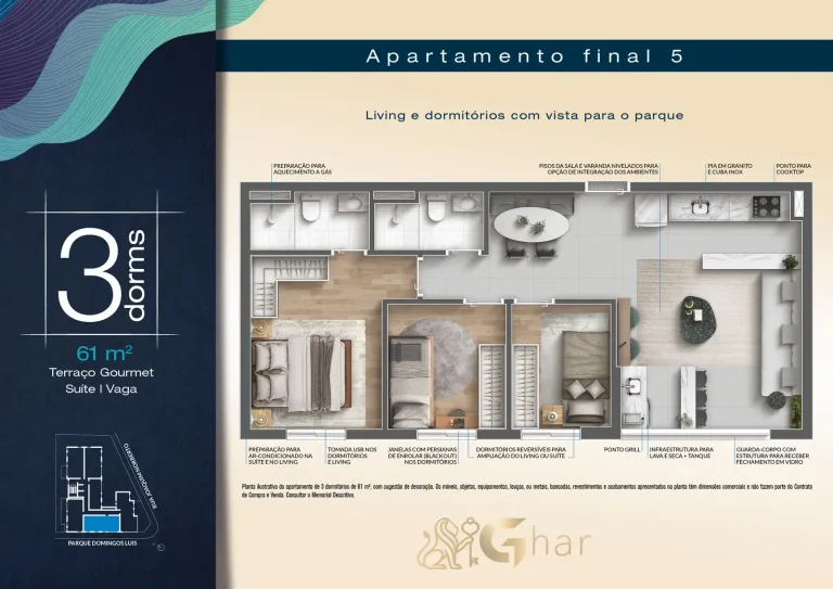 Planta apartamento 3 dormitórios 61 m² com suíte e terraço gourmet no Blue Park Jardim São Paulo