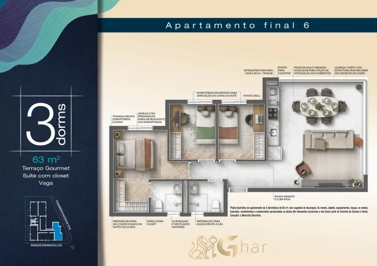 Planta apartamento 3 dormitórios 63 m² com terraço gourmet, suíte e closet no Blue Park Jardim São Paulo