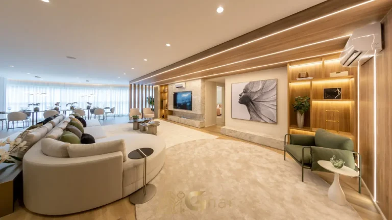 Living moderno apartamento decorado Bosque Cerejeiras Jardim das Perdizes