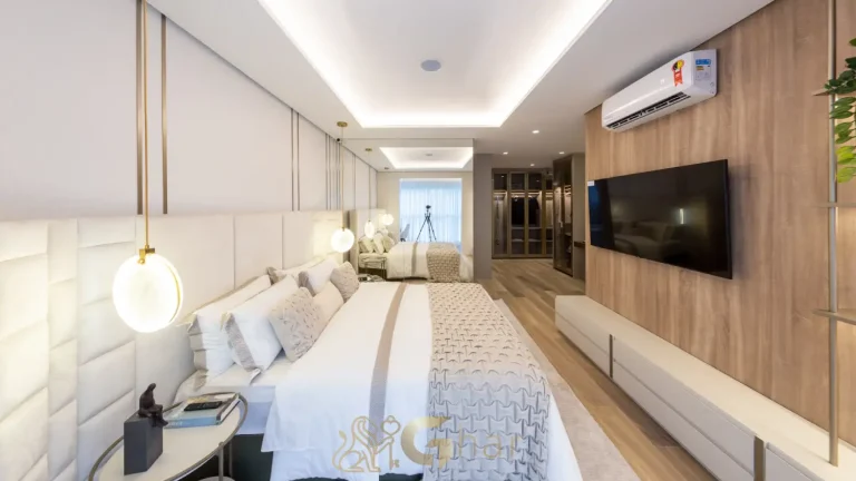 Quarto da suíte master no Bosque Cerejeiras Jardim das Perdizes