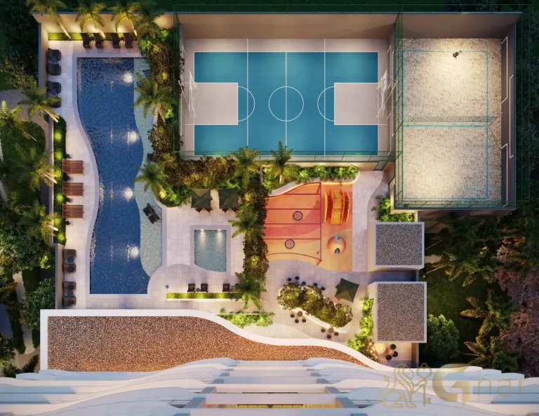 Vista aérea drone das áreas de lazer do Bosque Cerejeiras Jardim das Perdizes