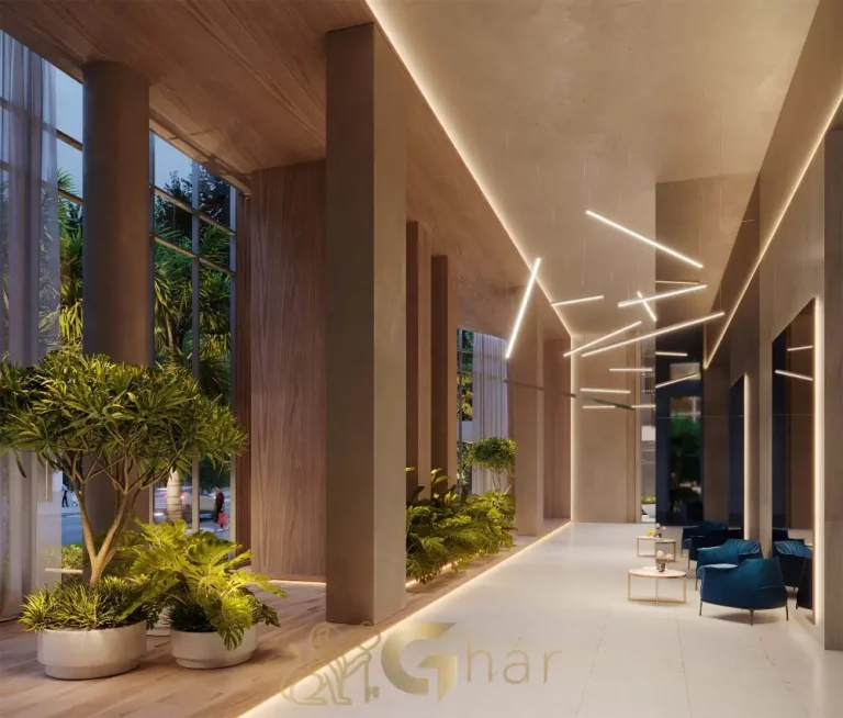 Lobby elegante no condomínio Bosque Cerejeiras Jardim das Perdizes