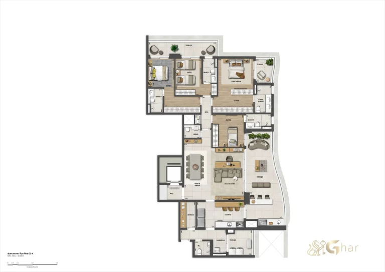 Planta apartamento 222 m² 4 suítes Bosque Cerejeiras Jardim das Perdizes
