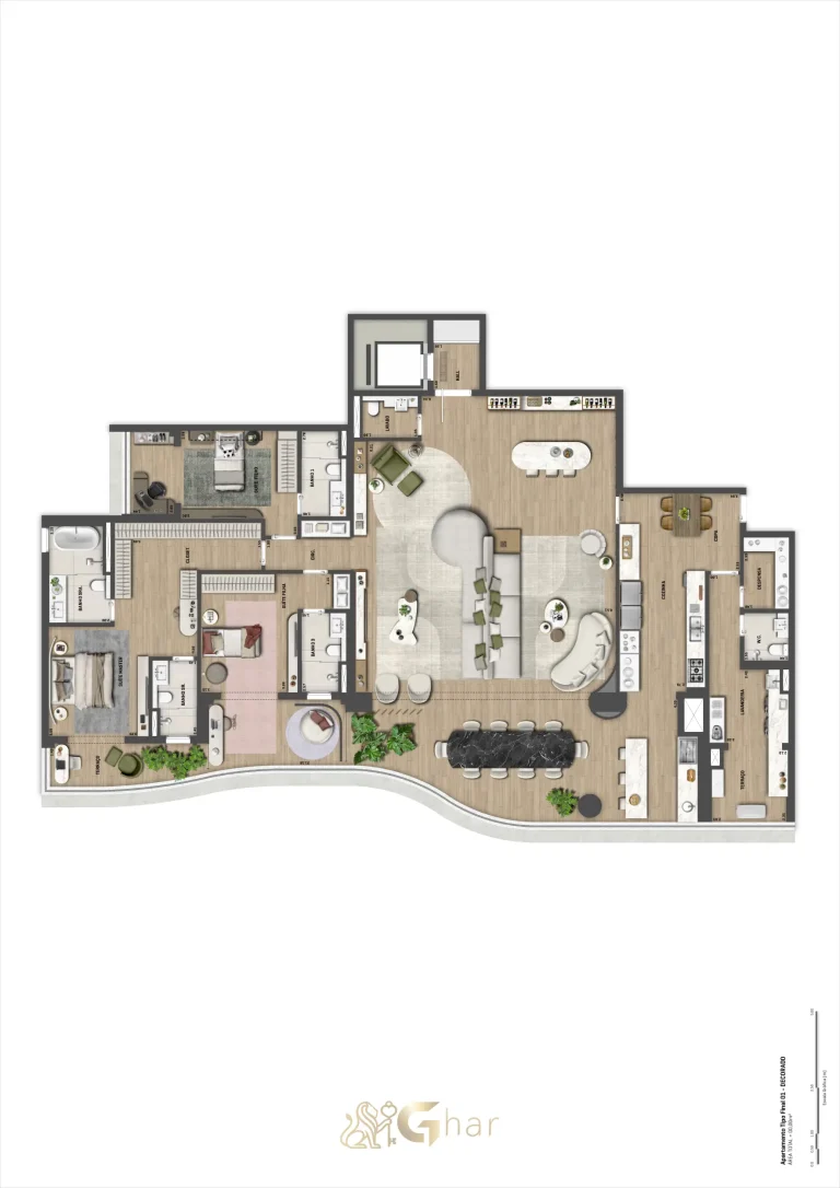 Planta apartamento 293 m² 3 suítes Bosque Cerejeiras Jardim das Perdizes