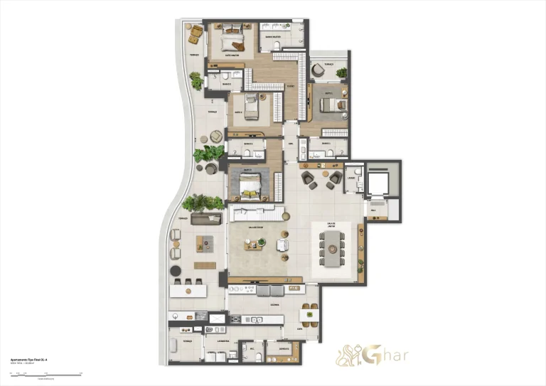 Planta apartamento 293 m² 4 suítes Bosque Cerejeiras Jardim das Perdizes