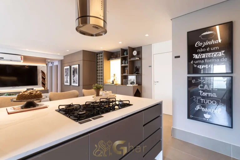 Cozinha aberta no apartamento decorado Bosque Pitangueiras Jardim das Perdizes