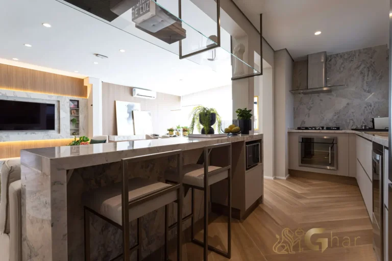 Cozinha integrada no apartamento decorado Bosque Pitangueiras Jardim das Perdizes