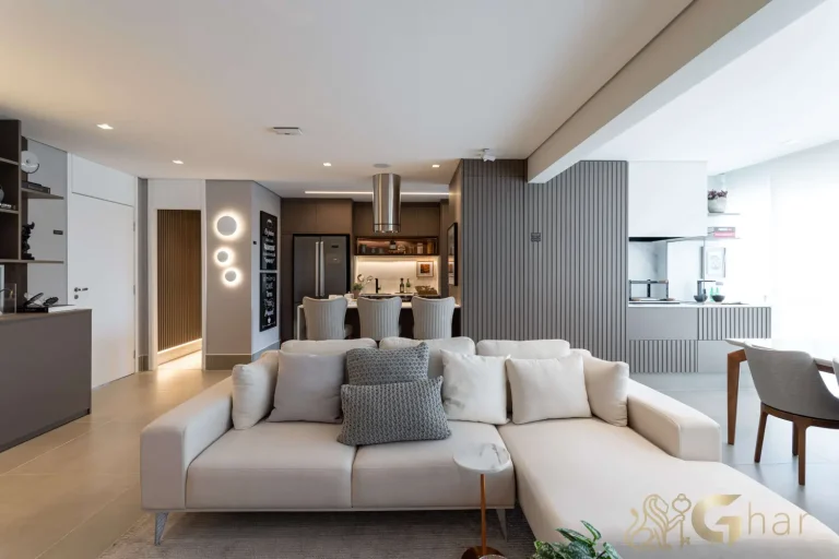 Sala e cozinha integradas no apartamento decorado Bosque Pitangueiras