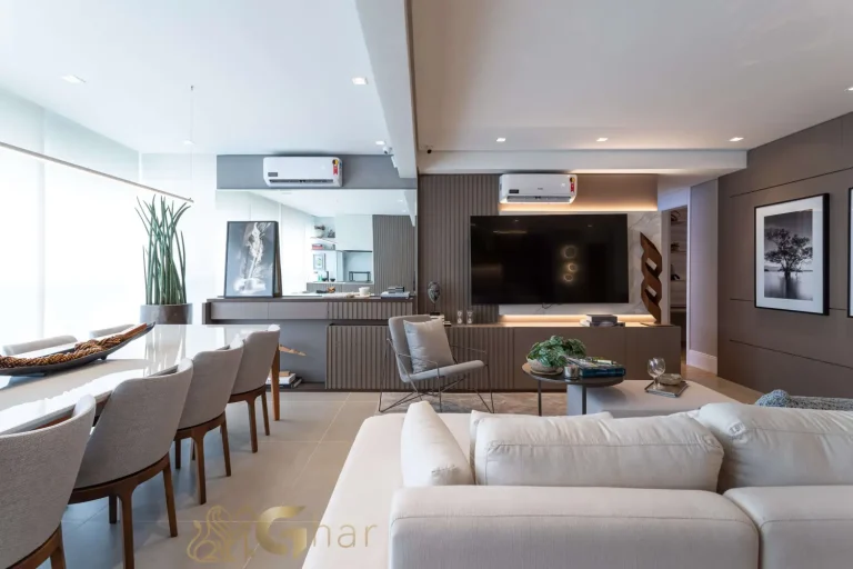 Sala integrada à varanda no apartamento decorado Bosque Pitangueiras Jardim das Perdizes