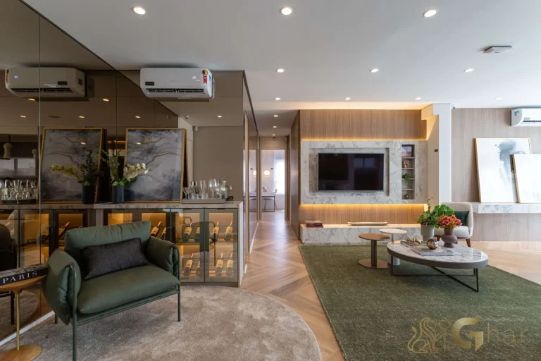 Living decorado no apartamento do Bosque Pitangueiras Jardim das Perdizes