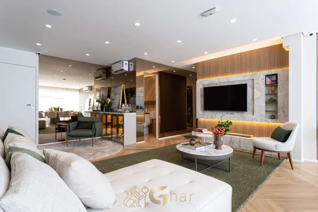 Sala living decorada no Bosque Pitangueiras Jardim das Perdizes