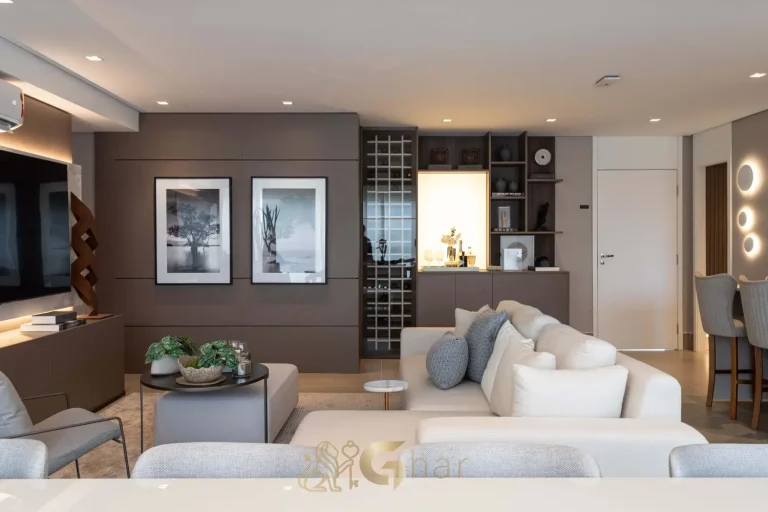 Sala de TV decorada no Bosque Pitangueiras Jardim das Perdizes