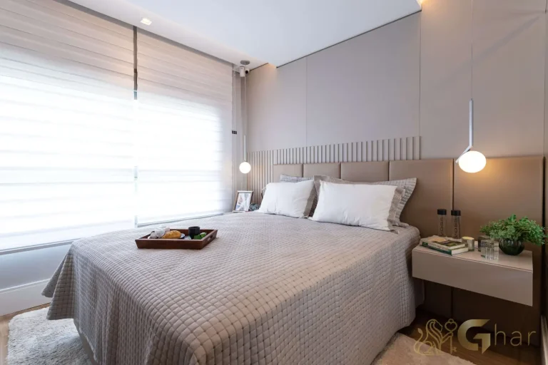 Suíte de casal decorada no Bosque Pitangueiras Jardim das Perdizes