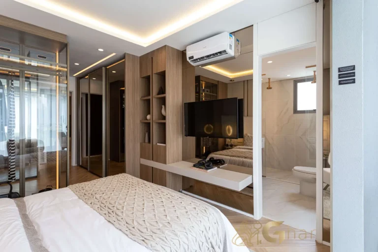 Suíte master no apartamento decorado Bosque Pitangueiras Jardim das Perdizes