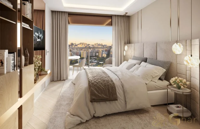 Suíte master com varanda no apartamento decorado Bosque Pitangueiras Jardim das Perdizes