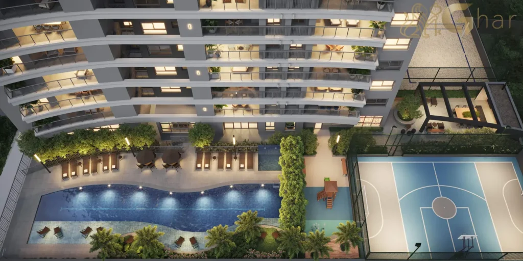 Vista aérea da fachada com lazer do Bosque Pitangueiras Jardim das Perdizes