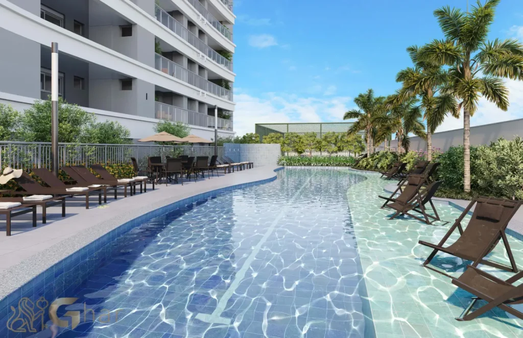 Piscina com solarium no Bosque Pitangueiras Jardim das Perdizes