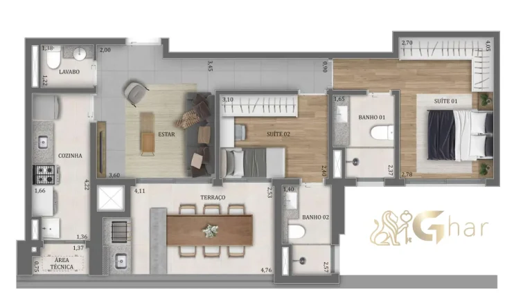 Planta apartamento 79m² com 2 suítes no Bosque Pitangueiras Jardim das Perdizes