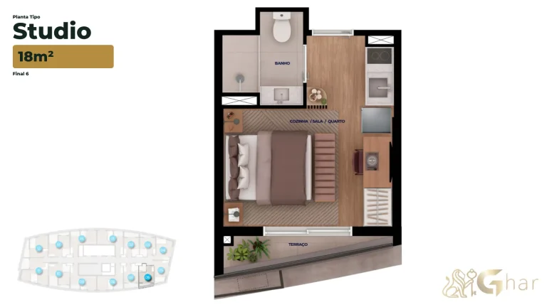 Planta studio 18m² Bracon Vista Augusta Bela Vista