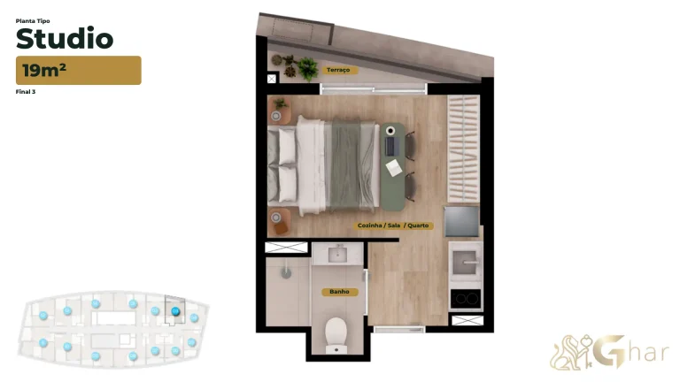 Planta apartamento studio 19m² Bracon Vista Augusta São Paulo