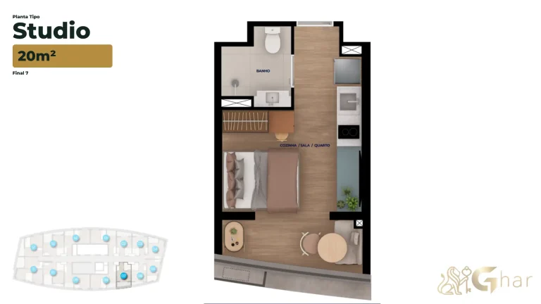 Planta studio 20m² Bracon Vista Augusta Bela Vista São Paulo