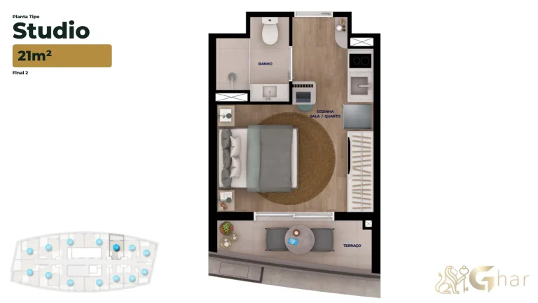 Planta apartamento studio 21m² Bracon Vista Augusta Bela Vista