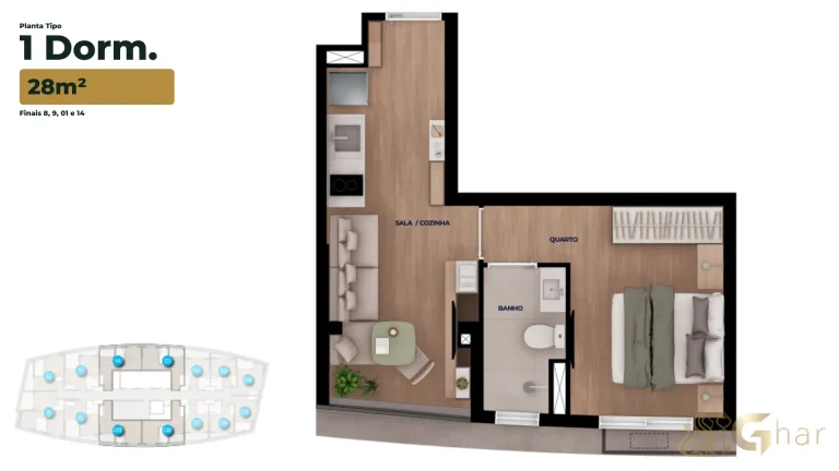 Planta apartamento 1 dormitório 28m² Bracon Vista Augusta
