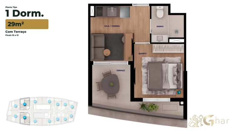 Planta apartamento 1 dormitório 29m² Bracon Vista Augusta