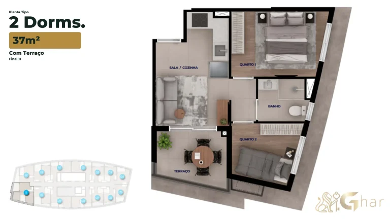 Planta apartamento 2 dormitórios 37m² Bracon Vista Augusta