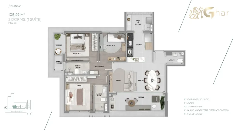 Planta apartamento 105m² 3 dormitórios 1 suíte Brisea Moema