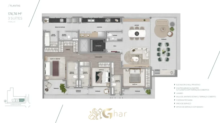 Planta apartamento 174m² 3 suítes Brisea Moema