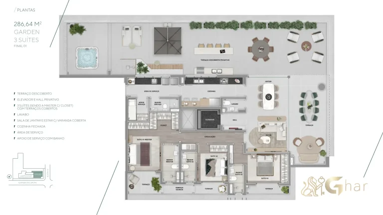 Planta apartamento Garden 286m² com 3 suítes Brisea Moema