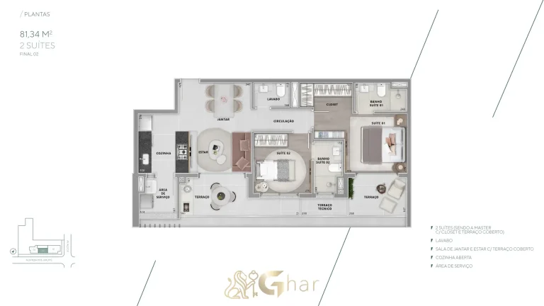 Planta apartamento 81m² 2 suítes Brisea Moema