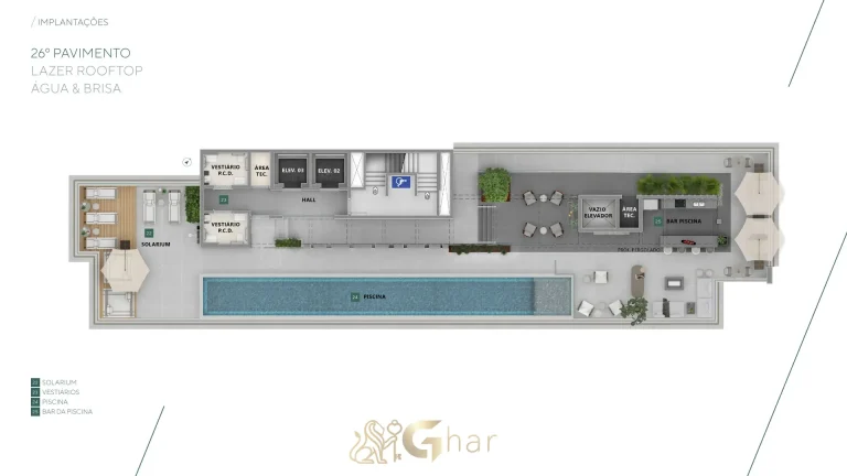 Planta do rooftop no 26º pavimento Brisea Moema com piscina e lazer