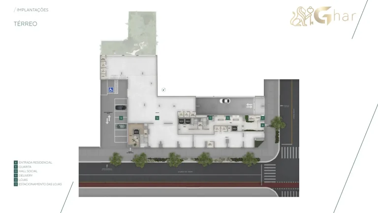 Planta do térreo Brisea Moema com lojas, hall e delivery