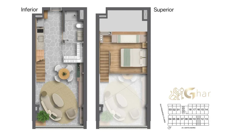 Planta studio 41m² pé-direito 3,90m final 11 BRK by Helbor Brooklin
