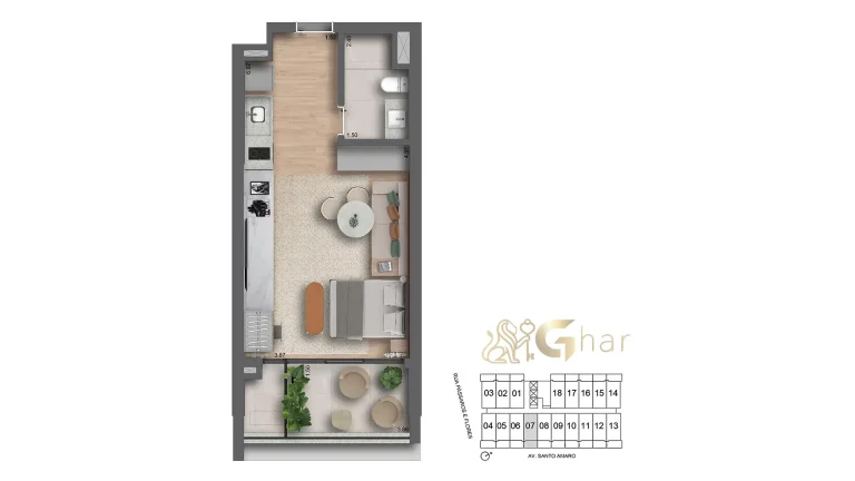 Planta studio 41m² pé-direito 3,90m final 7 BRK by Helbor Brooklin