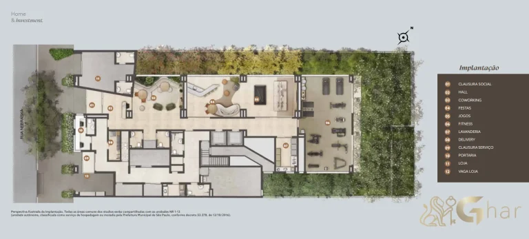 Planta do térreo com lazer e implantação no Brooklin Studios by Lindenberg