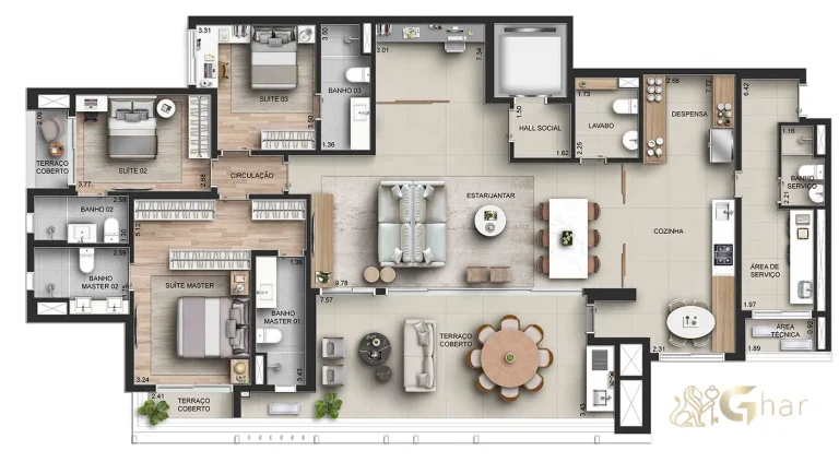 Planta apartamento 210 m² com 3 suítes – CAPITOLO by Piero Lissoni Chácara Klabin