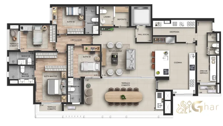 Planta apartamento 210 m² com 4 suítes – CAPITOLO by Piero Lissoni Chácara Klabin