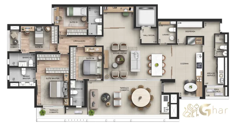 Planta apartamento 210 m² 4 suítes – CAPITOLO by Piero Lissoni
