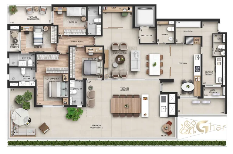 Planta apartamento giardino 281 m² com 4 suítes – CAPITOLO by Piero Lissoni Chácara Klabin
