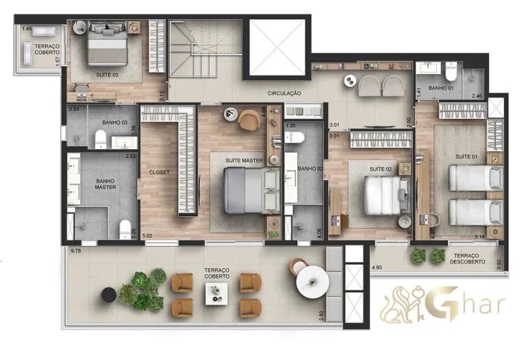 Planta duplex 363 m² 4 suítes – pavimento inferior – CAPITOLO by Piero Lissoni