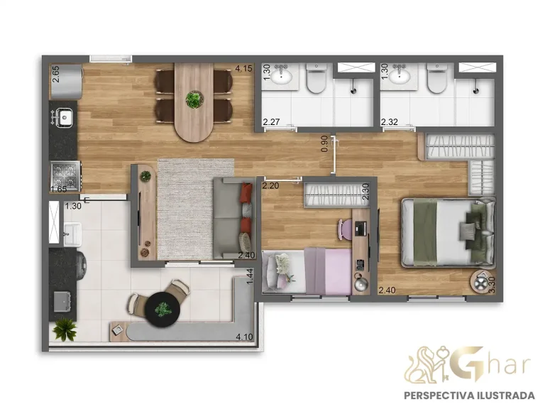Planta apartamento 50m² 2 dormitórios final 03 Cult Vila Mariana